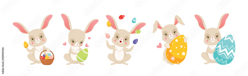 Fototapeta premium Cute Bunny with Easter Decorated Egg Shell Vector Set