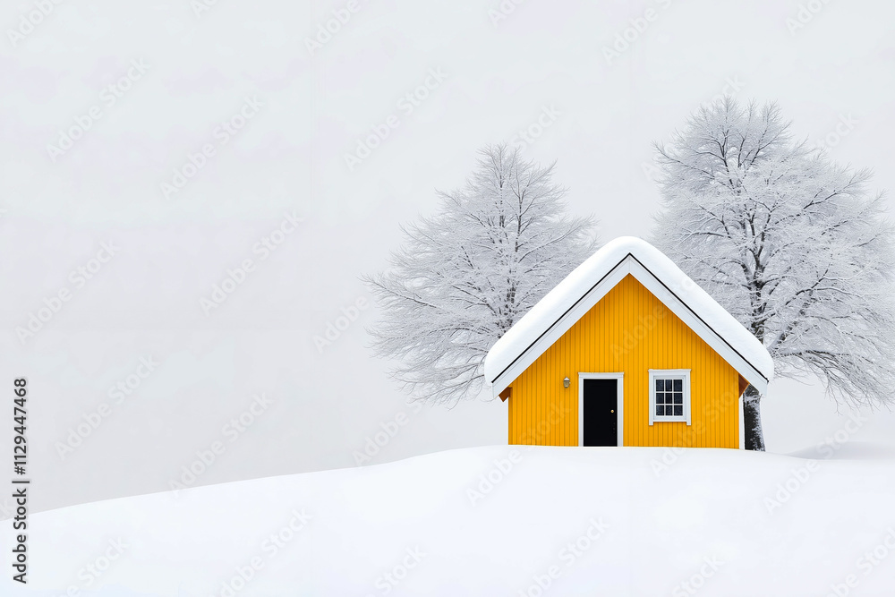 A small yellow house in the middle of a snowy field A small yellow house in the middle of a snowy field
