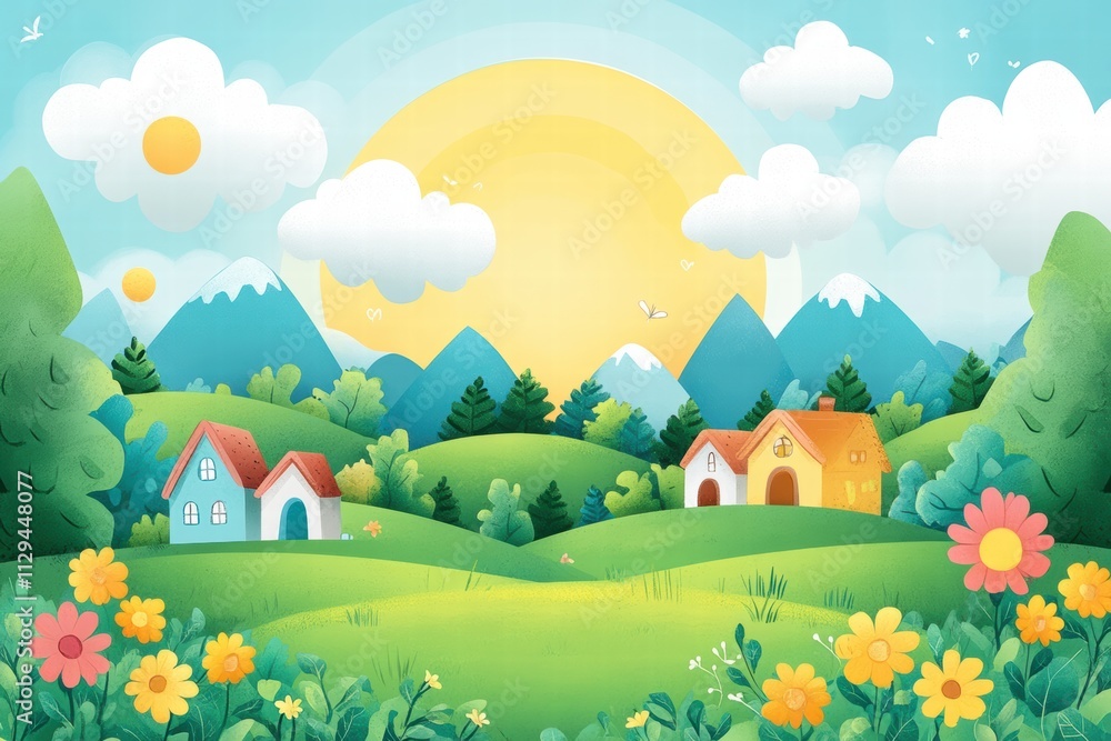 Fototapeta premium Colorful kids printable background with mountains, sunshine, and vibrant flowers in a serene landscape
