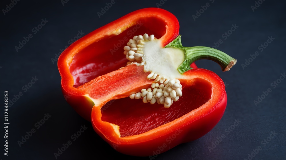 Close-up of a vibrant red bell pepper cut in half on a dark surface. Close-up of a vibrant red bell pepper cut in half on a dark surface.