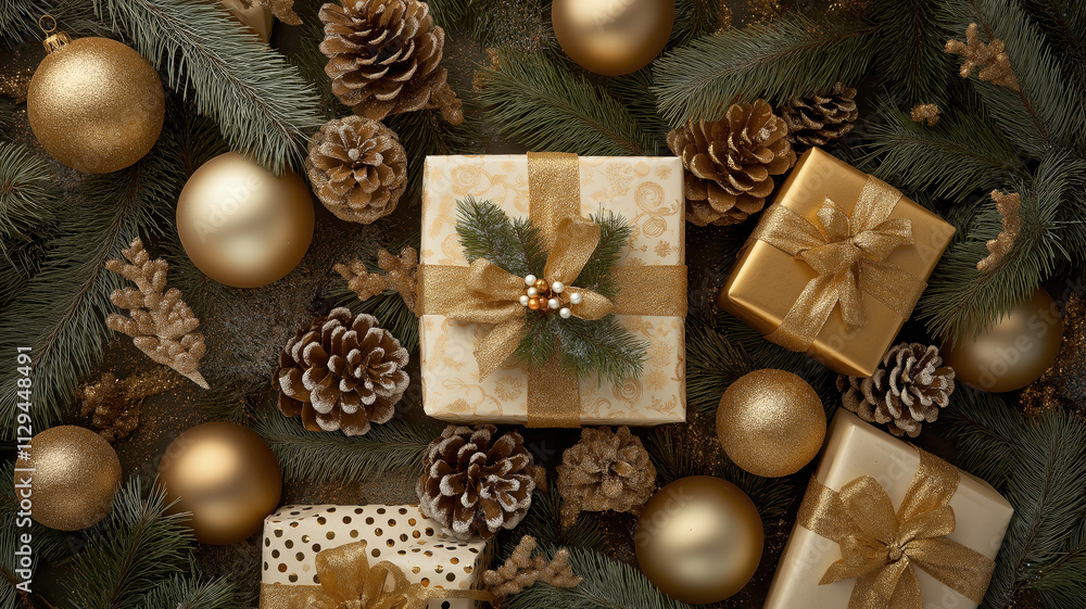 Fototapeta premium gold and white Christmas Flat Lay mockup background product photography with presents, pine cones, christmas balls 