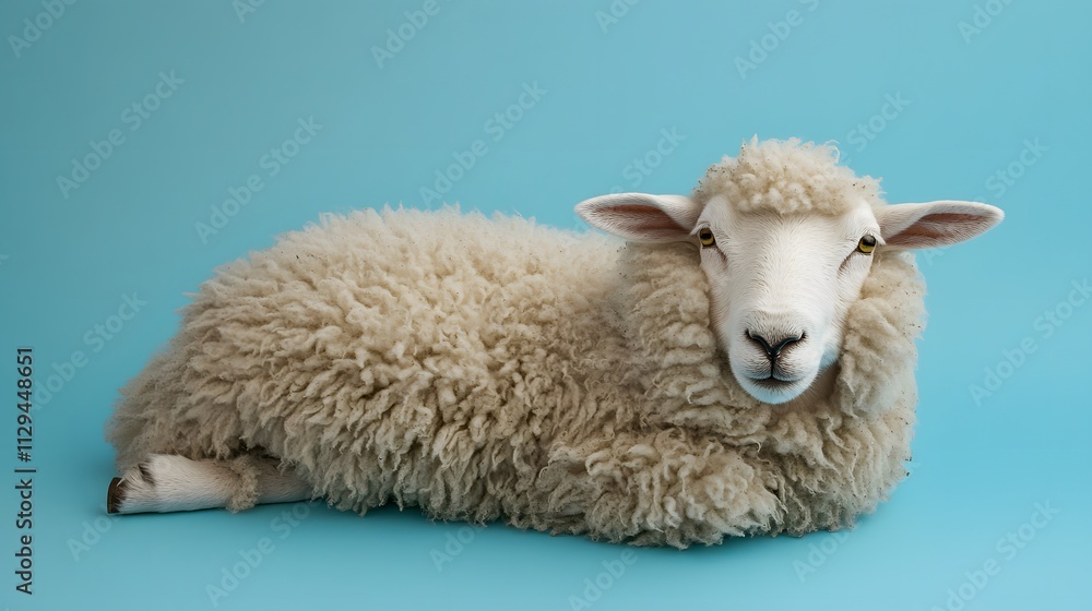 A dreamy portrait of a plush sheep with cloud-like fur lying against a sky-blue background.