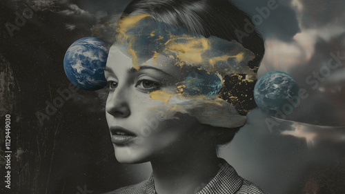 Intriguing collage of woman and Earth imageries. Generative AI image photo