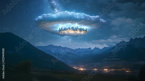 A floating castle suspended on a glowing cloud above a starry landscape.