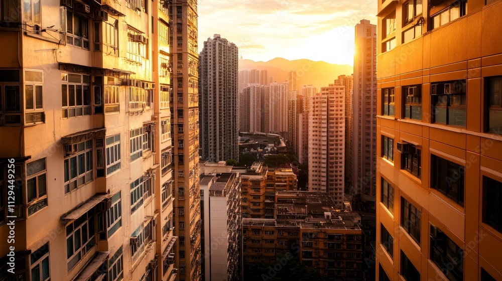 Golden Hour Cityscape - Urban density, sunset glow, towering buildings, architectural details, vibrant city life. Golden Hour Cityscape - Urban density, sunset glow, towering buildings, architectural details, vibrant city life.