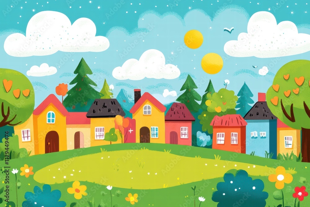 Fototapeta premium Bright and cheerful kids printable background featuring a colorful village with trees and flowers