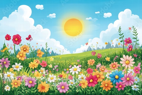 Bright and colorful kids printable background featuring flowers and a sunny sky