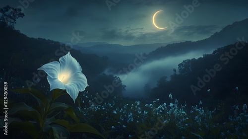 A giant glowing moonflower blooming in a misty valley under a crescent moon.