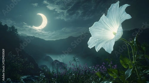 A giant glowing moonflower blooming in a misty valley under a crescent moon.