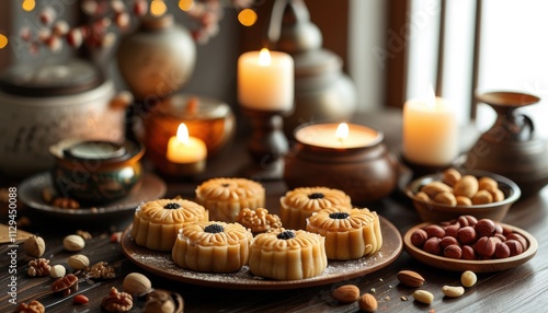 Traditional festive table setting with mooncakes and candlelight