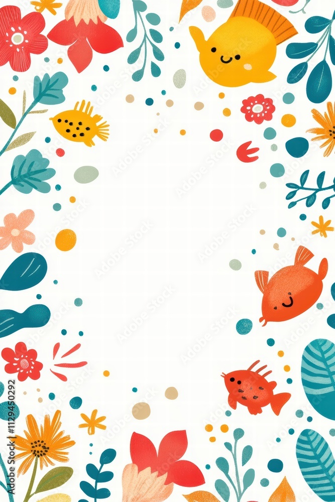 Fototapeta premium Colorful kids printable background featuring playful fish and vibrant flowers designed for creative projects