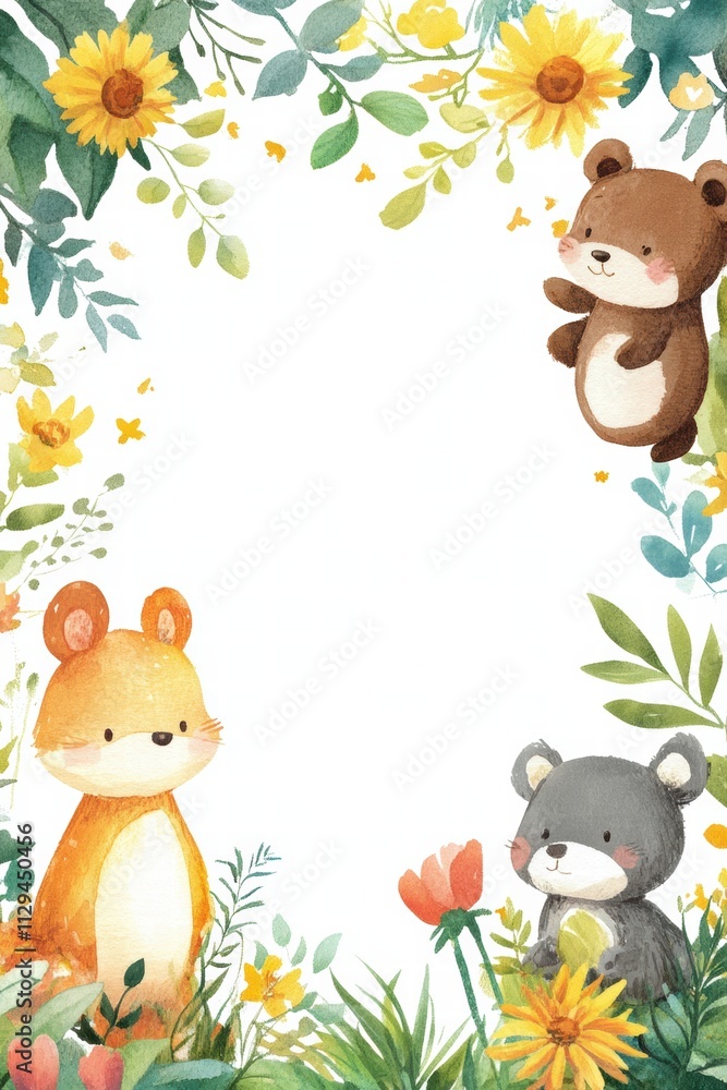 Naklejka premium Colorful kids printable background featuring adorable animals among flowers and greenery