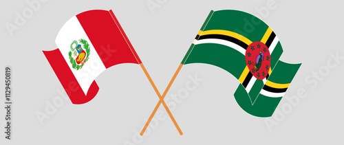 Crossed and waving flags of Peru and Dominica. Vector illustration