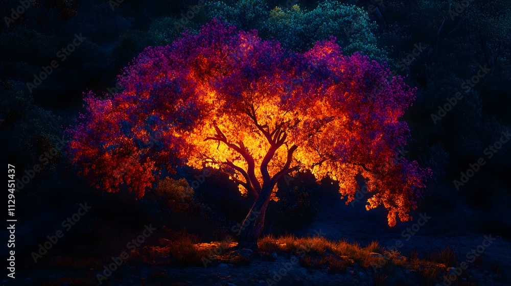 A glowing phoenix tree ablaze with vibrant colors in a dark enchanted forest. A glowing phoenix tree ablaze with vibrant colors in a dark enchanted forest.