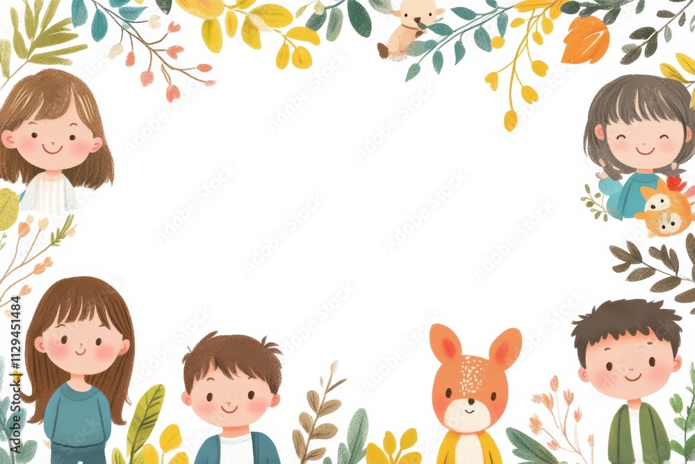 Kids printable background featuring cheerful children and friendly animals surrounded by leaves Kids printable background featuring cheerful children and friendly animals surrounded by leaves