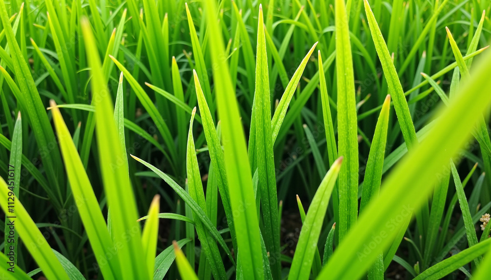 Lush green blades of lawn grass thrive under the warm sun in a serene garden setting Lush green blades of lawn grass thrive under the warm sun in a serene garden setting