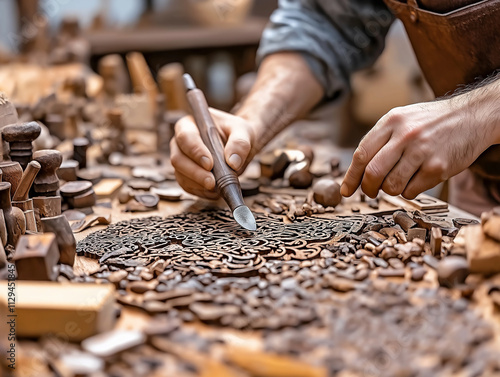 Close-up of a person using a wood-burning tool to create art photo