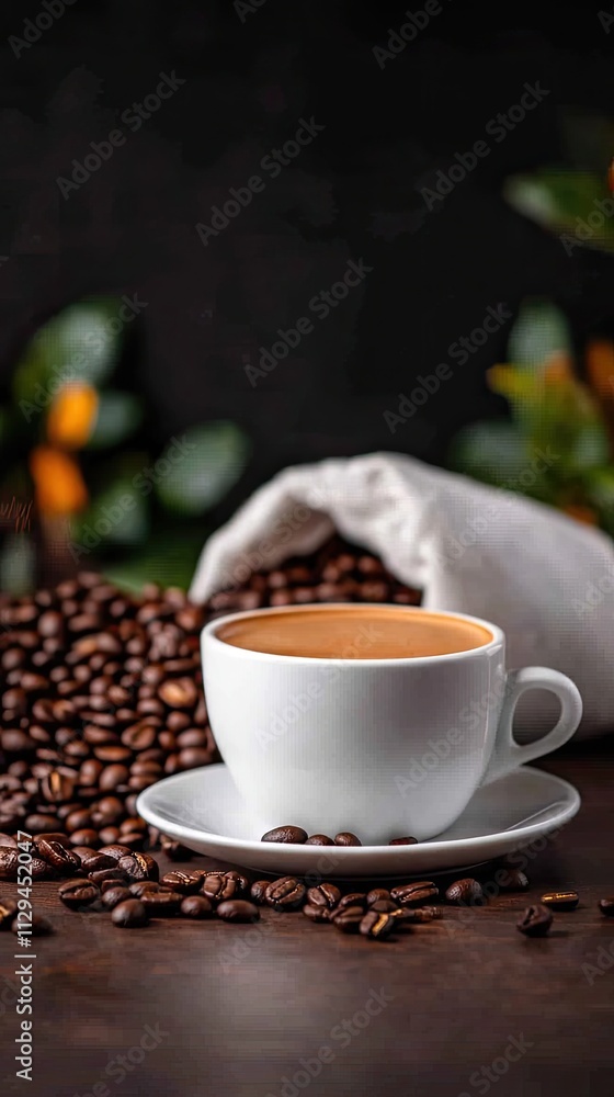 White cup of coffee with frothy foam sits on a saucer atop a wooden table. Behind the cup, a cloth bag holds freshly roasted coffee beans, creating an inviting coffee scene White cup of coffee with frothy foam sits on a saucer atop a wooden table. Behind the cup, a cloth bag holds freshly roasted coffee beans, creating an inviting coffee scene