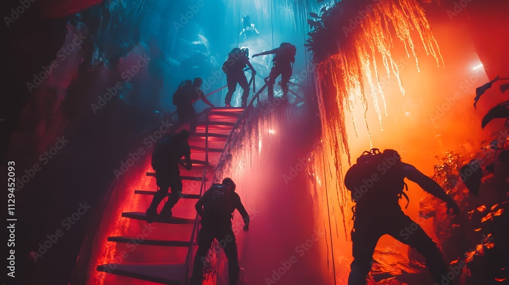 Fototapeta premium A group of adventurers climbing a floating staircase glowing with ethereal light.