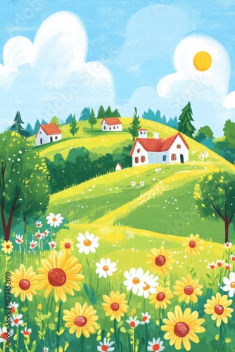 Colorful kids printable background with vibrant flowers and rolling hills under a bright sky