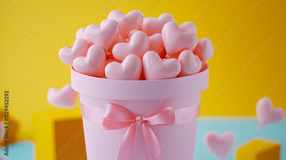 Delicate pink heart candies fill a charming pastel pot, embodying sweetness and joy for celebrations and special occasions, radiating love and warmth in an artistic setup Delicate pink heart candies fill a charming pastel pot, embodying sweetness and joy for celebrations and special occasions, radiating love and warmth in an artistic setup