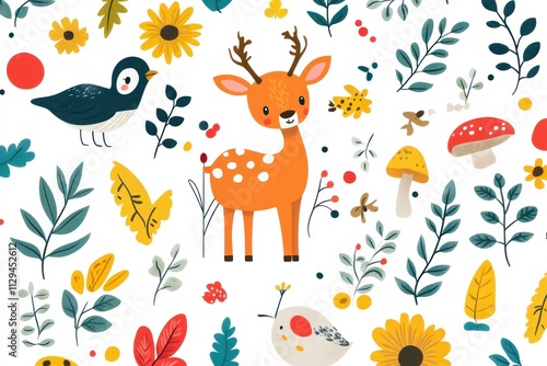 Colorful printable background featuring playful animals and vibrant flora for kids' activities photo