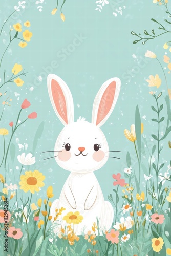 Cute bunny sitting in a colorful flower meadow, perfect printable background for kids