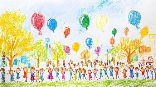 A joyful kids drawing of a parade with people balloons and a marching band.