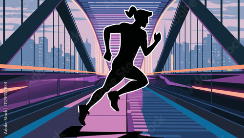 Runner Silhouette on a Futuristic Bridge with Vibrant Urban Colors