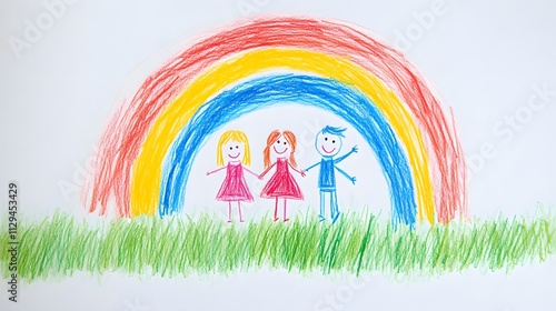 A kids drawing of a stick figure family standing on green grass under a rainbow.