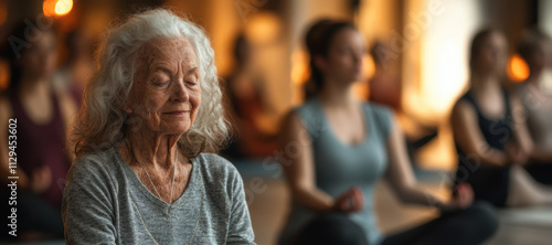 senior yoga class, elderly individuals enjoying a calming yoga class led by a compassionate instructor in a tranquil, softly lit setting