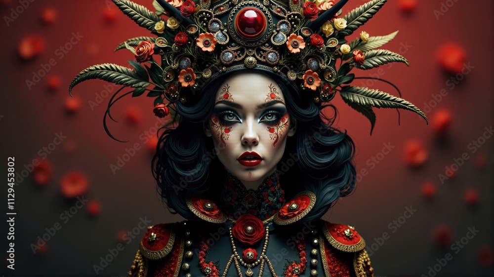 Fantasy woman wearing extravagant headdress and red and gold dress Fantasy woman wearing extravagant headdress and red and gold dress