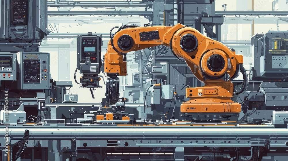 A robotic arm in a factory setting, showcasing automation technology in a modern industrial environment. A robotic arm in a factory setting, showcasing automation technology in a modern industrial environment.
