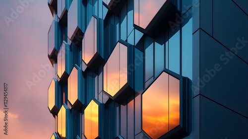 A luxury office tower with interlocking hexagonal panels glowing softly in the evening.