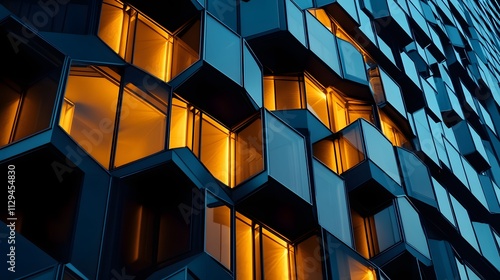 A luxury office tower with interlocking hexagonal panels glowing softly in the evening.