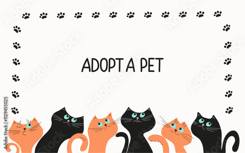 Cute cartoon homeless kittens. Banner, frame, text Cats in a row. Adopt homeless animals concept. Don't buy a pet, help homeless animals find a home.