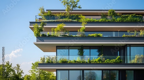 A luxury penthouse with multi-layered terraces featuring greenery and open glass walls. photo