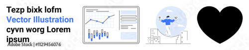 Graph with upward trend, person jumping with fitness tracker, and a heart symbol. Ideal for business growth, teamwork, data, physical activity, well-being, fitness, and health. Landing page