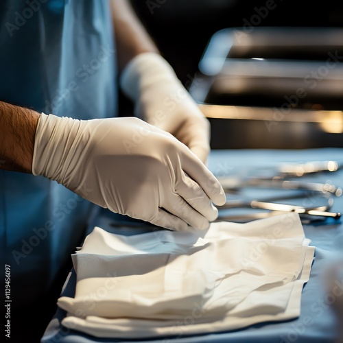 Close-up of a surgeon's hands in gloves preparing surgical instruments on a sterile table, highlighting precision and care in a medical setting.