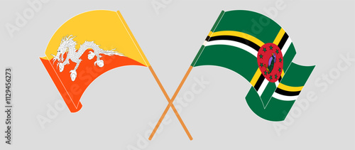 Crossed and waving flags of Bhutan and Dominica. Vector illustration