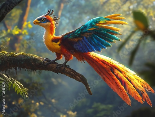 Vibrant Plumaged Archaeopteryx Perched on Branch Prehistoric Extinct Early Bird like Dinosaur photo