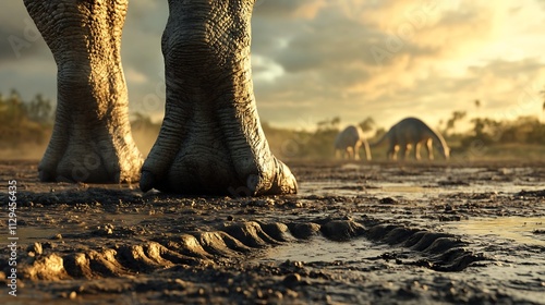 Wallpaper Mural Sauropod Footprints in Mud with Distant Dinosaurs Grazing in Prehistoric Landscape Torontodigital.ca