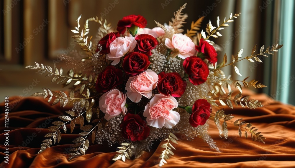 Naklejka premium Romantic bouquet of red and pink roses with golden leaves for wedding decor