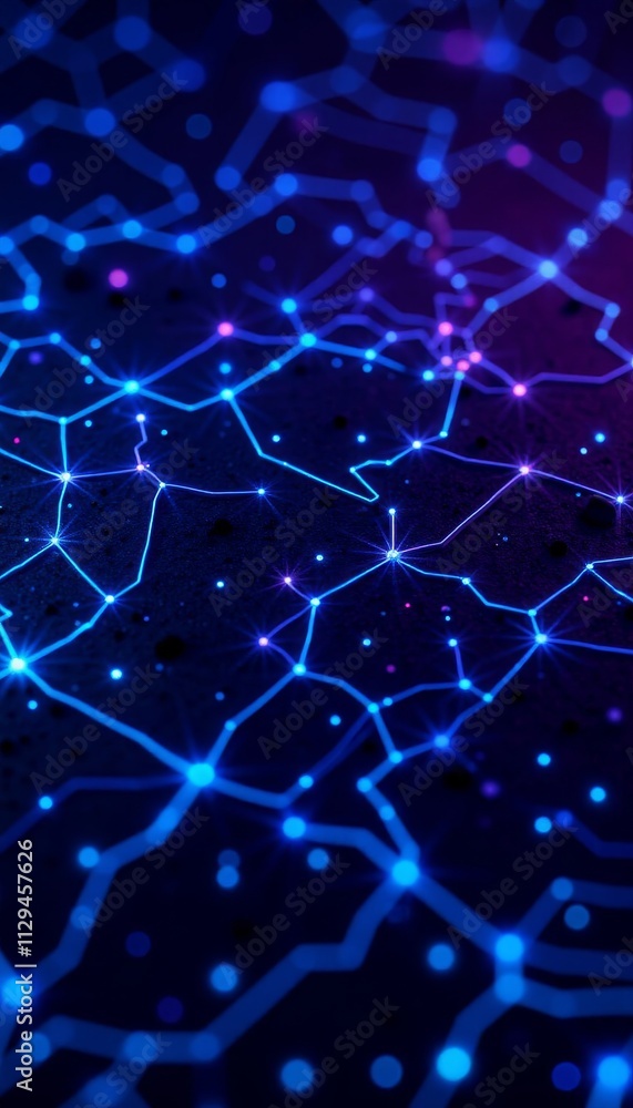 Obraz premium Glowing neon blue and purple digital grid with nodes and motion