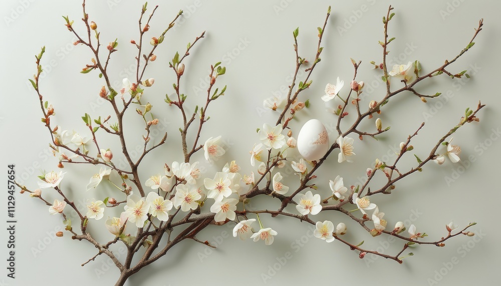 Spring blossoms and easter egg on delicate branches with copy space Spring blossoms and easter egg on delicate branches with copy space