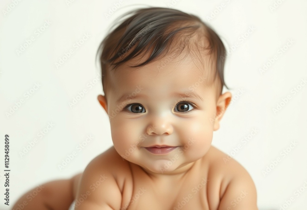 Cute baby portrait with soft expression and creamy white background