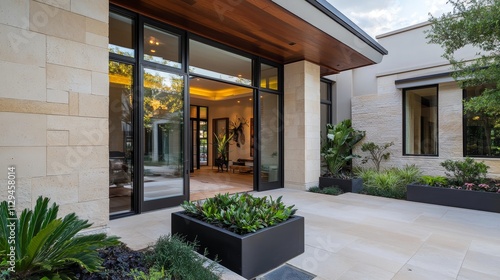 Modern Home Exterior Entrance - Luxury house, stone facade, glass doors, patio, landscaping. Symbolizes: elegance, modern design, tranquility, nature, luxury living.