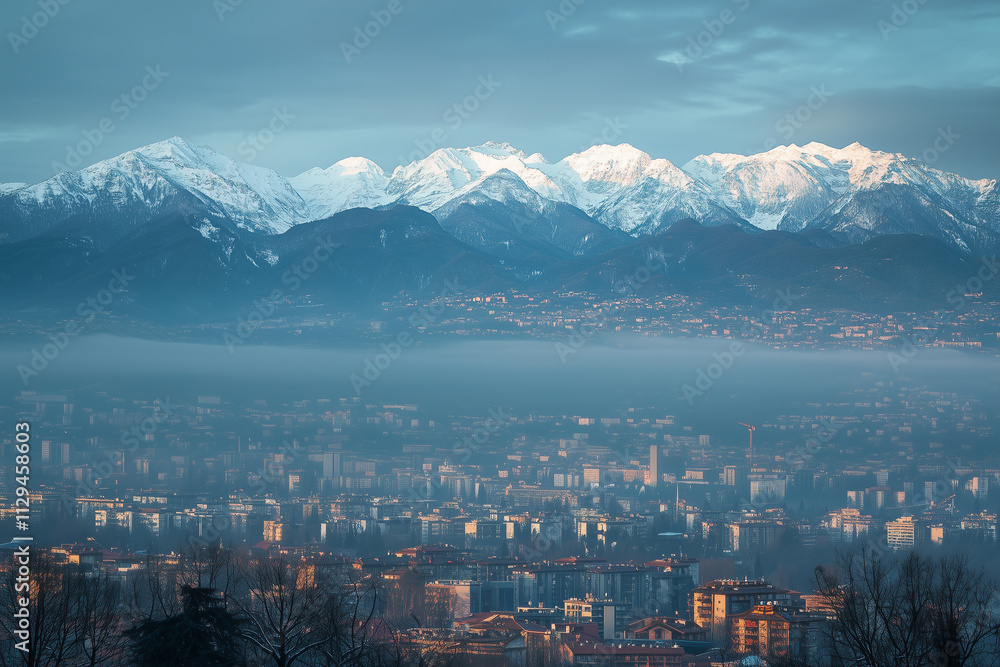 Fototapeta premium View of Milan Olympic village under the mountains during early morning light showcasing urban landscape and natural beauty
