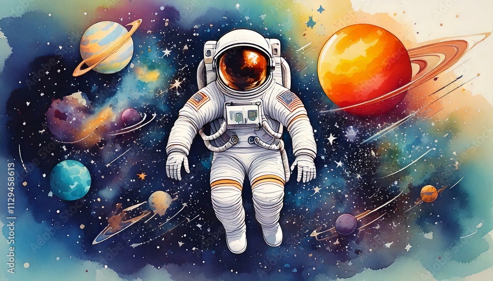Whimsical illustration of an astronaut floating with watercolor planets and stars Whimsical illustration of an astronaut floating with watercolor planets and stars