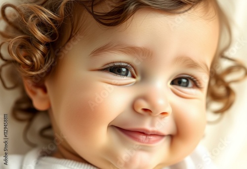 Cute baby portrait with gentle smile and soft eyes